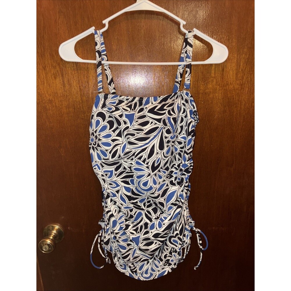 Lands End Women’s Blue And White Tankini Adjustable Swim Suit Top Size 10